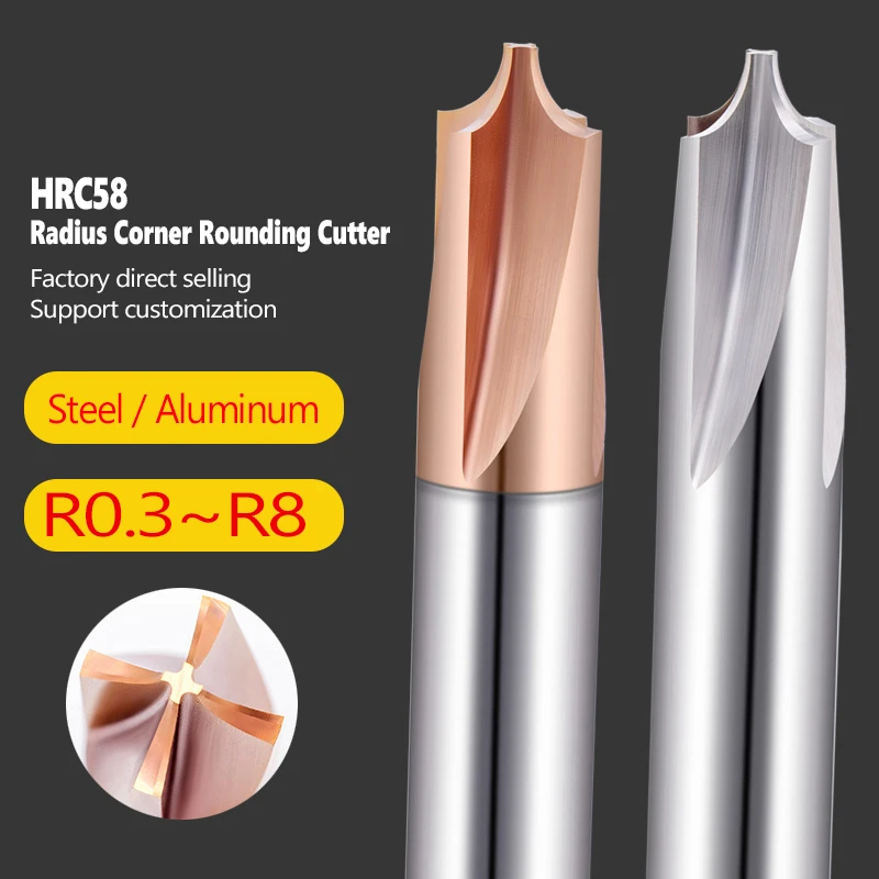 HRC58 Carbide Radius Corner Rounding Cutter End Mill CNC Tool inner R0.3 R0.5 Chamfering Outside Radii Quarter Circle Router Bit