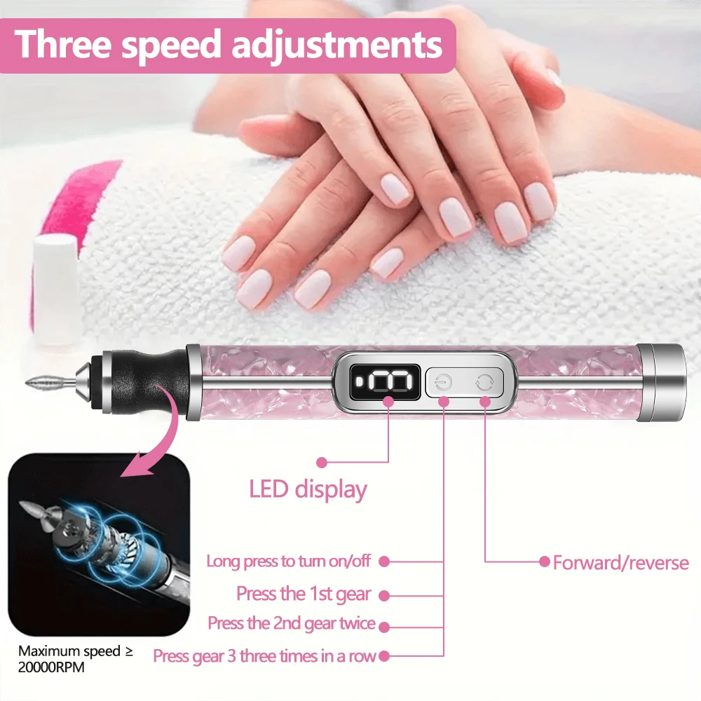 مجموعة مبرد أظافر كهربائي لاسلكي مكونة من 4 سرعات قابلة للتعديل لأظافر الأكريليك وتشكيل حافة الأظافر وتلميع وإزالة الجلد الميت أيضًا