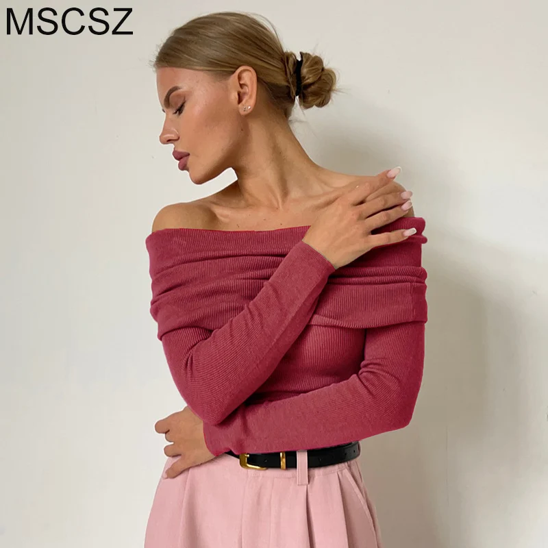 MSCSZ Off Shoulder Sweater Woman Elegant Long Sleeve Knitted Blouse Autumn Winter Jumpers Women Wool Cashmere Sweater Top 2024