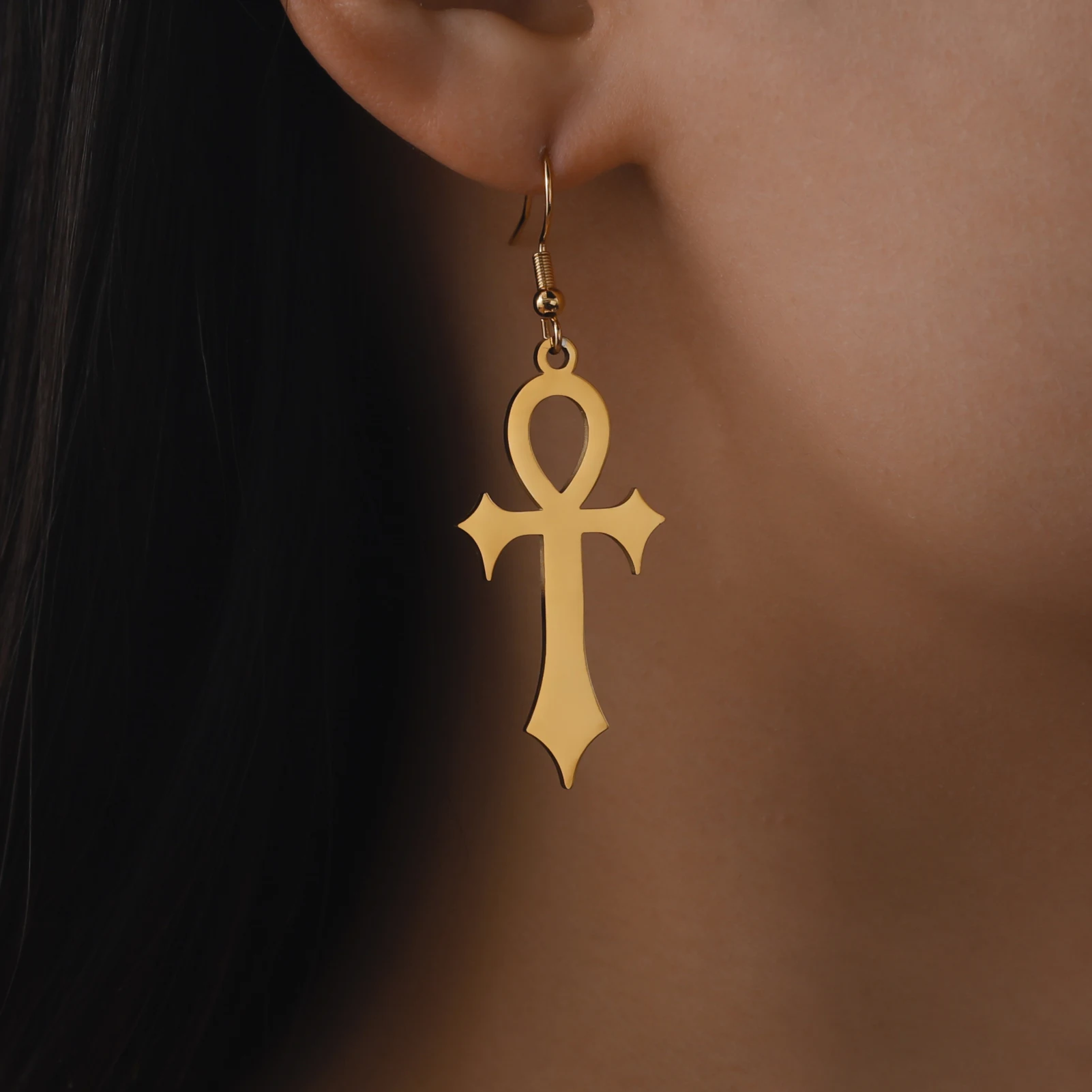 أقراط متقاطعة من skyريم على الطراز القوطي من Ankh أقراط متقاطعة من الفولاذ المقاوم للصدأ أقراط مصريّة واقية للسيدات هدية مجوهرات عتيقة #4