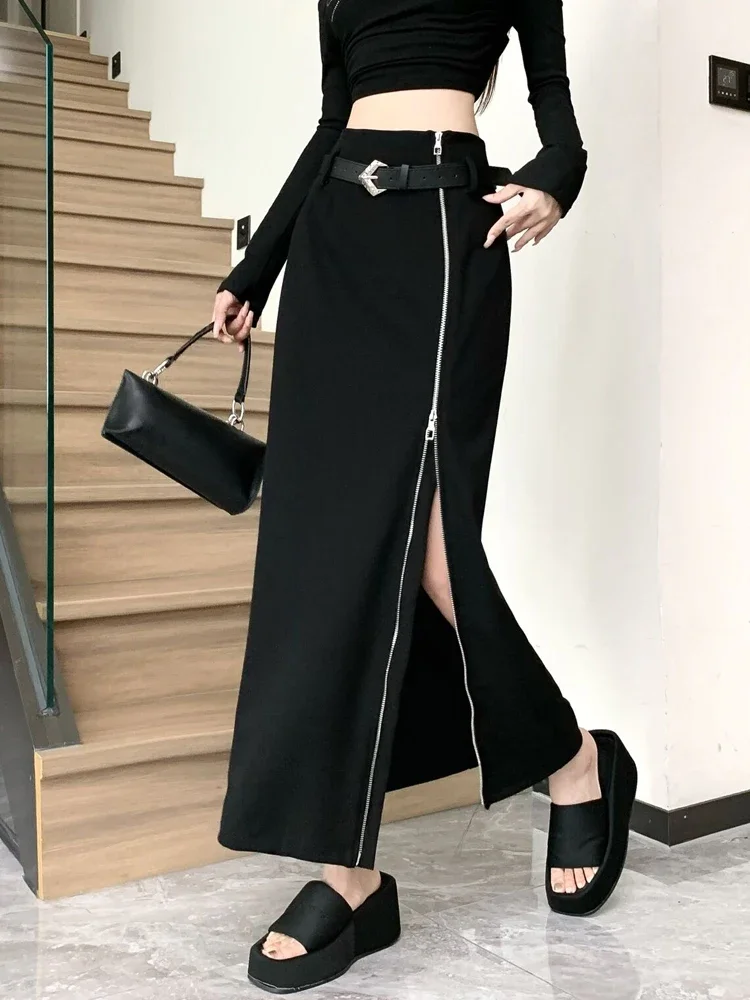 Women's Vintage Black Skirt Fashion Korean Style A-Line Long Skirt Harajuku Streetwear Y2k Girls 90s Elegant Skirt Clothes