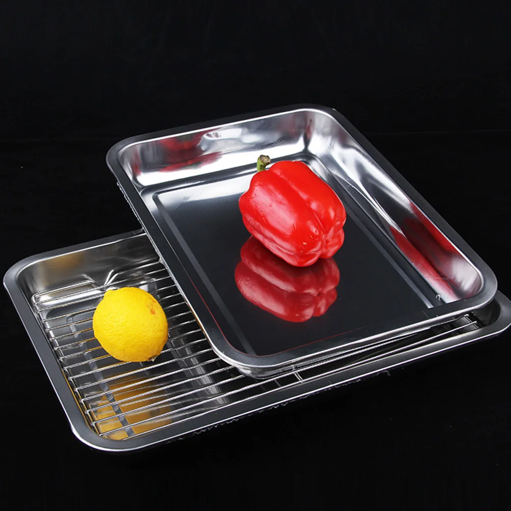 

1 set Stainless Steel Drain Pan Fried Food Serving Tray Filter Snacks Storage Rack Dessert Barbecue Plate Household Food