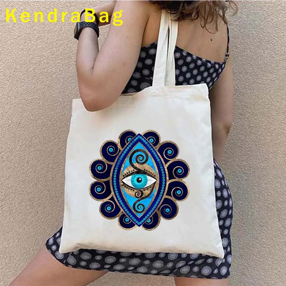 Colorful All Seeing Blue Evil Eye Charm Nazar Amulet Protection Love Heart GREECE Boho Mandala Canvas Tote Bags Shopper Handbags