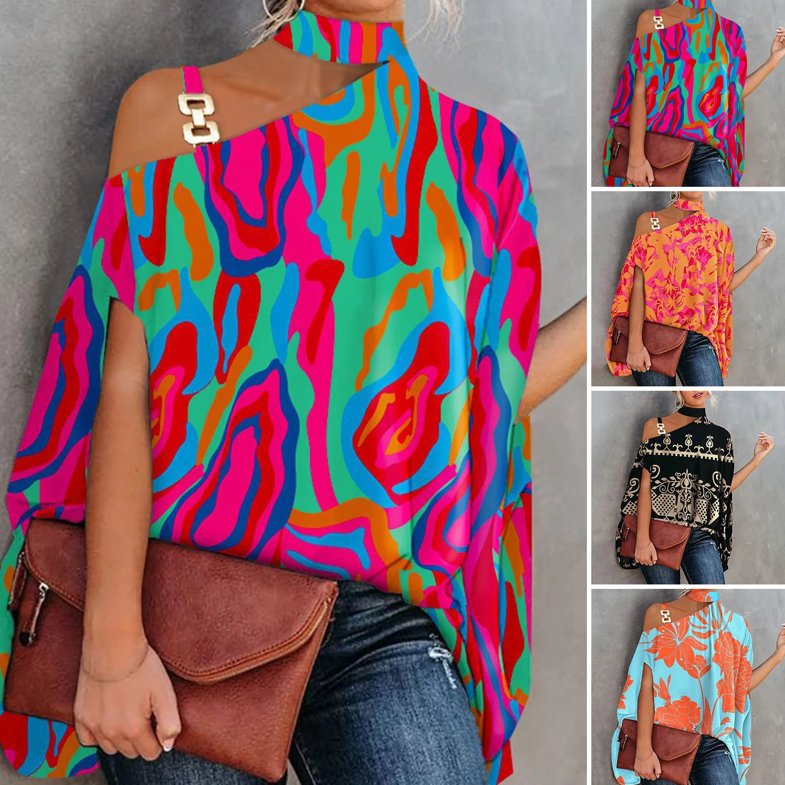 Atasan Blus Longgar Wanita Kerah Halter Motif Bunga Baju Pullover Bahu Terbuka Kasual Tinta Lengan Kelelawar Pakaian Musim Semi Musim Panas