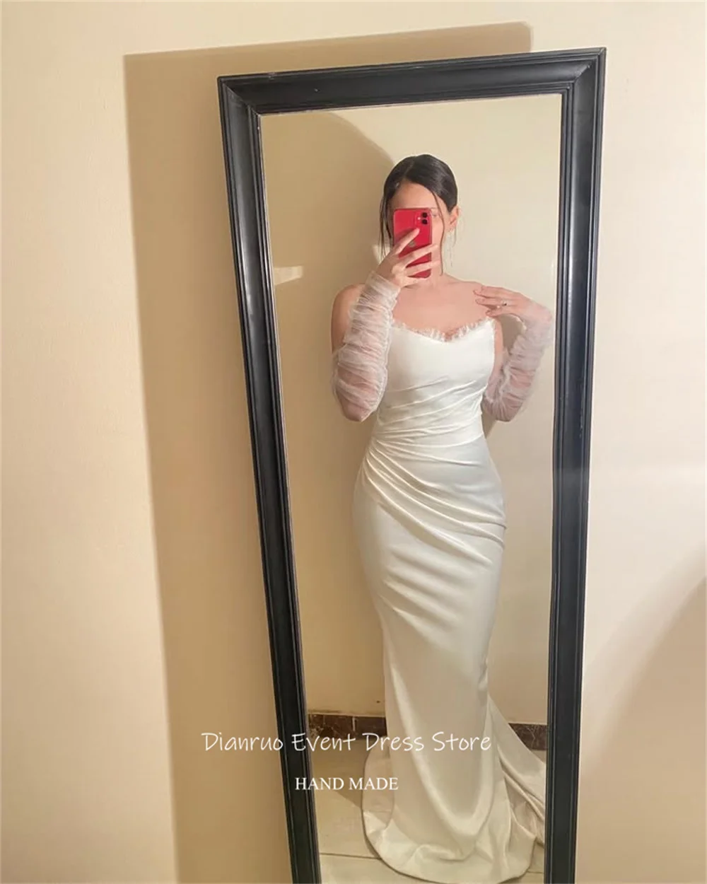 Gaun Pengantin Ruched Putri Duyung Dianruo Gaun Pengantin Satin Modern Gaun Malam Tanpa Lengan Panjang Lantai yang Canggih Dapat Disesuaikan