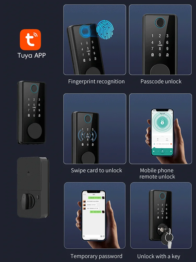 RAYKUBE DS01 4-language Tuya Bluetooth Smart Fingerprint Deadbolt Lock with Latch/Door Sensor Key/Password/Card/ Tuya APP Unlock