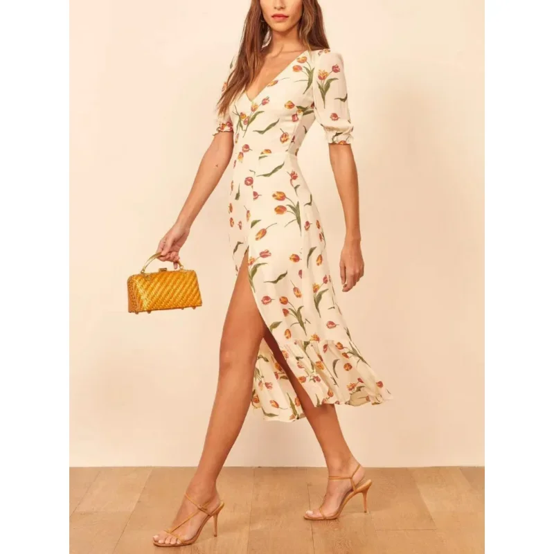 

2024 High Quality Fashion Women Beach Style Print A-LINE V-Neck Split Asymmetrical Camisole Mid-Calf Dress