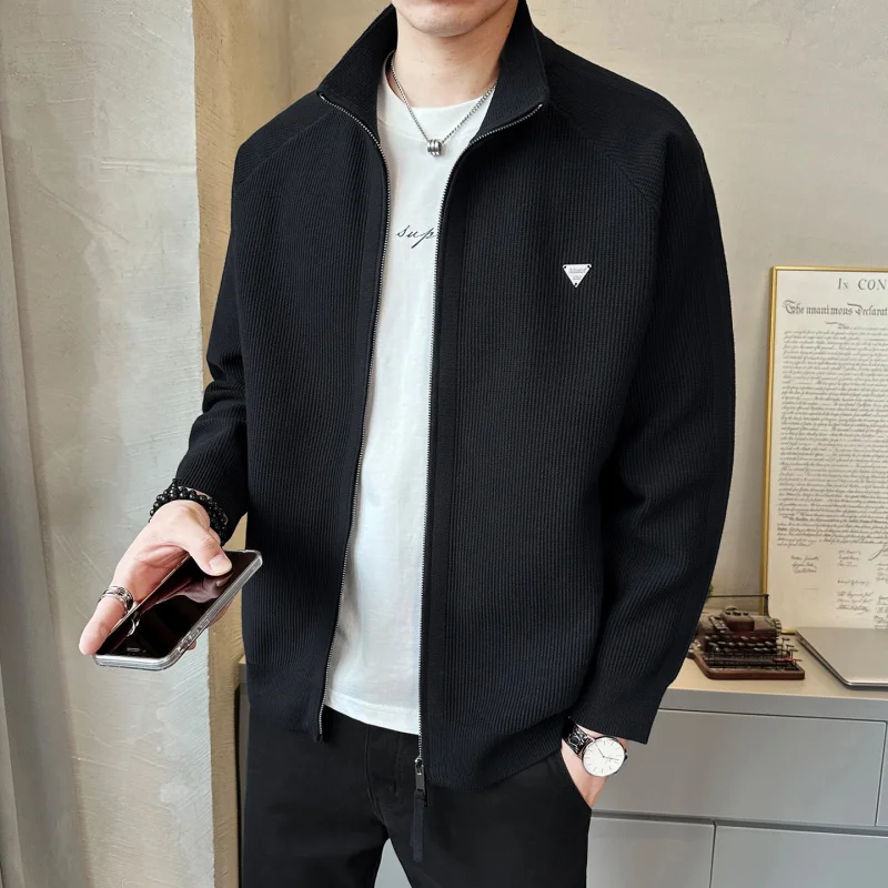 

Мужской повседневный вязаный кардиган с воротником-стойкой на молнии, простой, из полиэфирного волокна, с длинными рукавами, стандартной длины