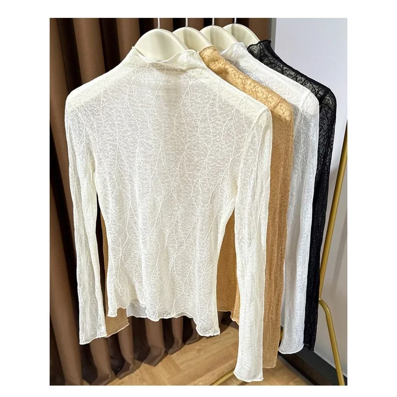 

Lace Hollow out Base Shirt Half High Collar Inner Wear Mesh Top Women's Fashion Autumn Winter Layering High End Feeling