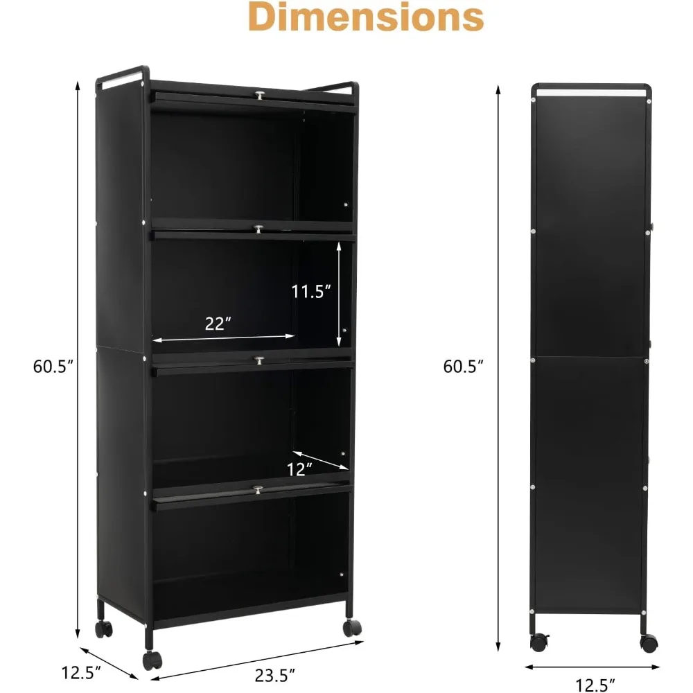 Kitchen 5-Tier Kitchen Storage Cabinet, Mobile Flip-up PC Doors and 4 Rolling Casters, Dust-proof Storage Kitchen Cabinets