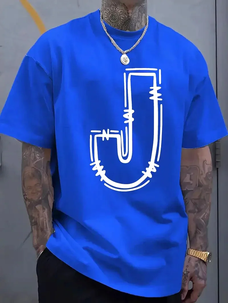 Camiseta masculina casual de algodão com estampa elegante de letra J – respirável e confortável para primavera e verão Camisetas urbanas da moda para homens
