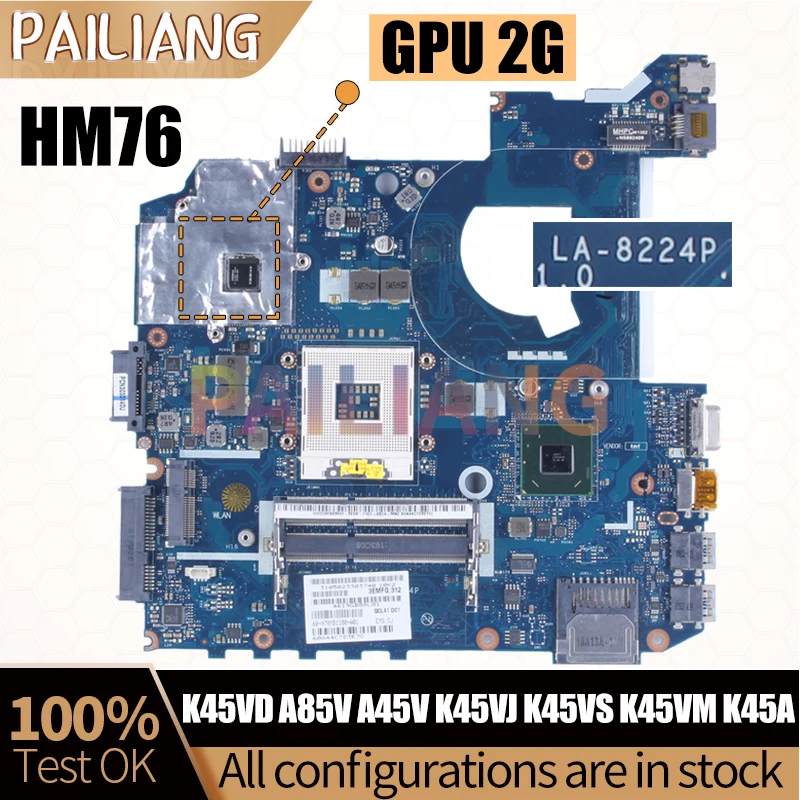 For ASUS K45VD A85V A45V K45VJ K45VS K45VM K45A Laptop Mainboard LA-8224P HM76 N13M-QE1-S-A1 2G Notebook Motherboard Full Test