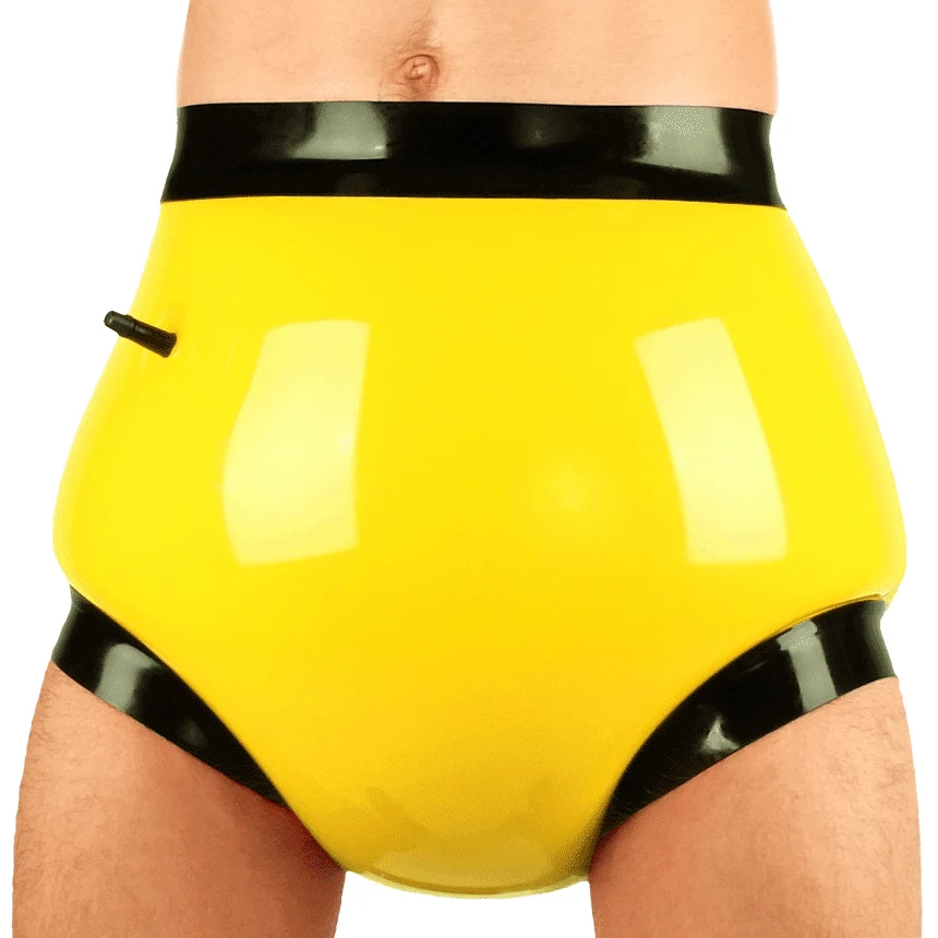 

Yellow And Black Inflatable Sexy Latex Control Briefs Mid Waist Rubber Shorts Diapers Covers With Nozzle Underwear Pant 255