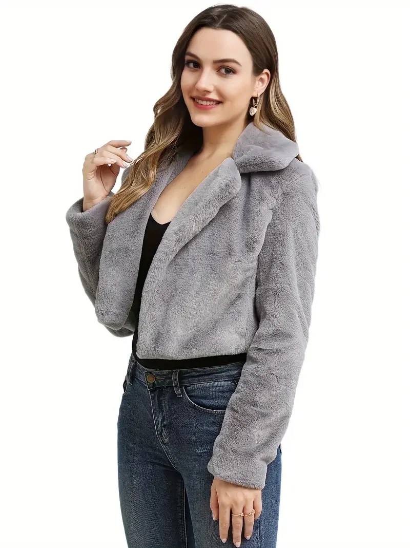 Lussuoso cappotto in pelliccia sintetica aperto davanti con Silhouette lusinghiera, elegante colletto dentellato, manica lunga per calore e Comfort Extra