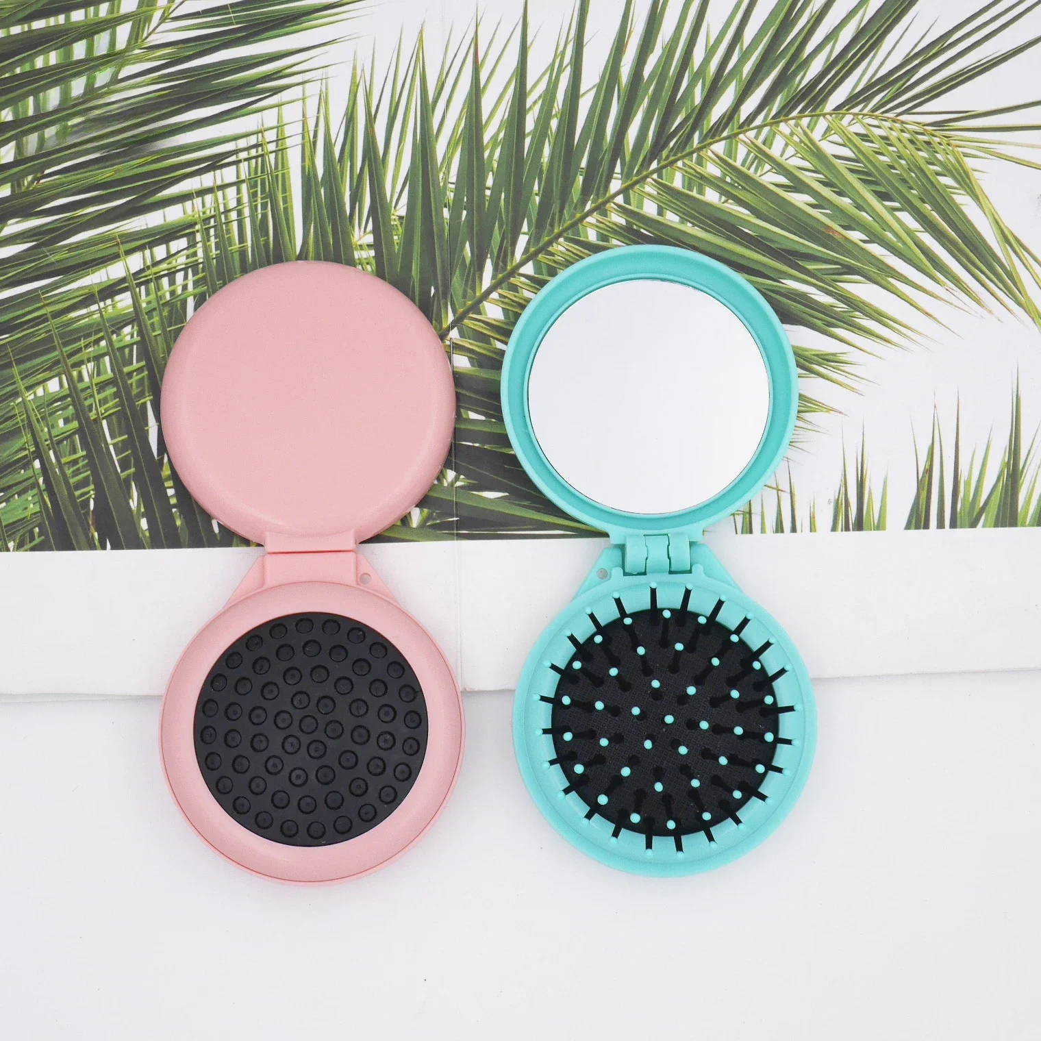 Women Portable Round Pocket Small Travel Massage Hair Brush with Mirror Mini Pocket Mirror Folding Comb Girls Styling Tools Blue