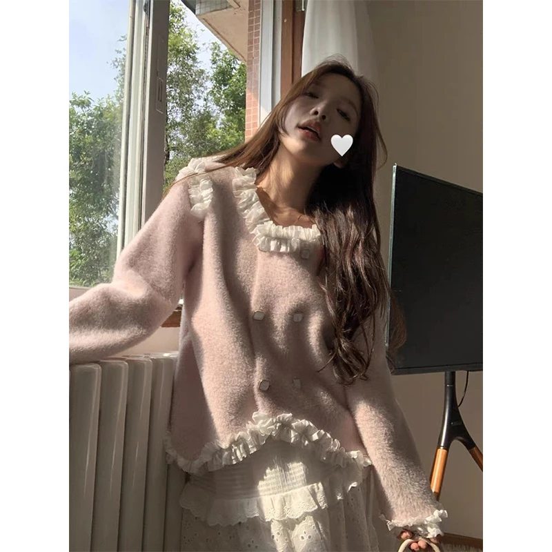 MEXZT Kawaii الوردي سترة مشغولة من الصوف المرأة غير النظامية الدانتيل المرقعة سترة ملابس خارجية الكورية طويلة الأكمام تريكو الشتاء لاعبا