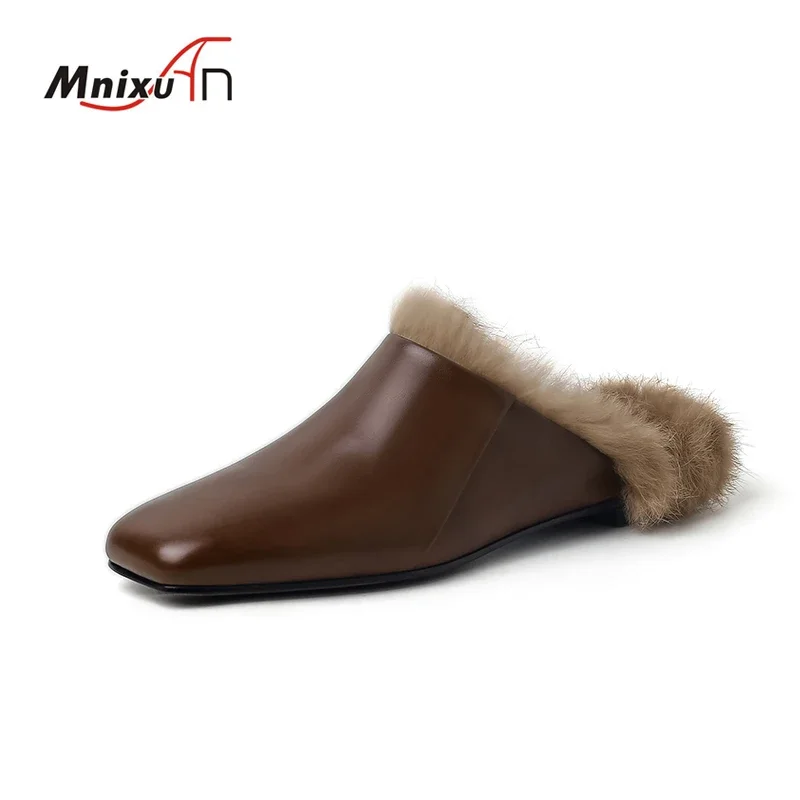 Genuine Leather Fur Slides Muller Shoes 2024 New Women’s Fluffy Loafers Outwear Rabbit Fur Square Toe Mocasines Furry Lazy Flats