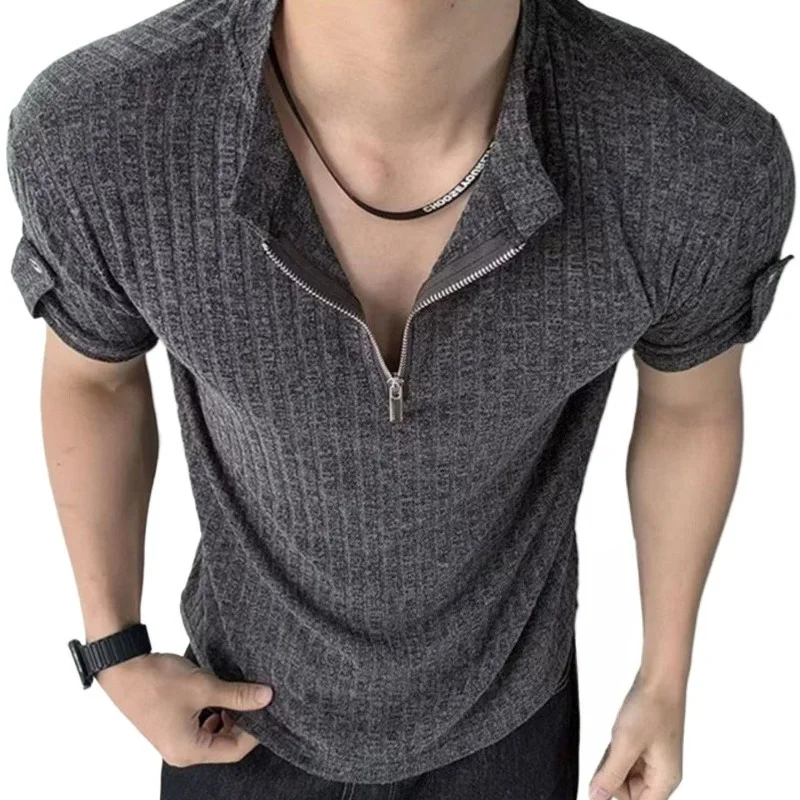 Slim Knit Half-Zip Short Sleeve T-Shirt Men's Korean Long Sleeve Casual Top