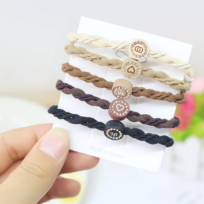 ربطات شعر على شكل ذيل حصان 5 قطعة ربطات شعر كورية مضفرة على شكل قلب من حجر الراين 2025 طقم هدايا عالي المرونة لطيف بدون ضرر