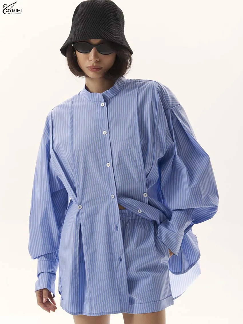 

Oymimi Elegant Blue Print 2 Pieces Set For Woman Fashion O-Neck Long Sleeve Button Shirts And High Waist Pockets Shorts Sets