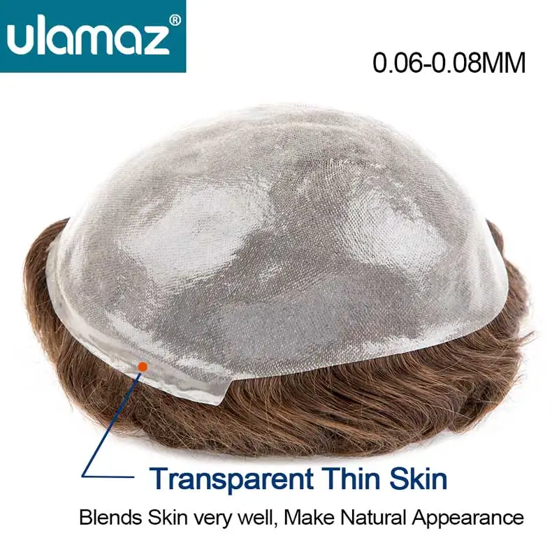 Micro Skin Toupee for Men, Prótese de Cabelo Indetectável, Nós Duplos, Sistema Capilar, Peruca Masculina, Humana, Natural Hairpiece, 0.06-0.08mm