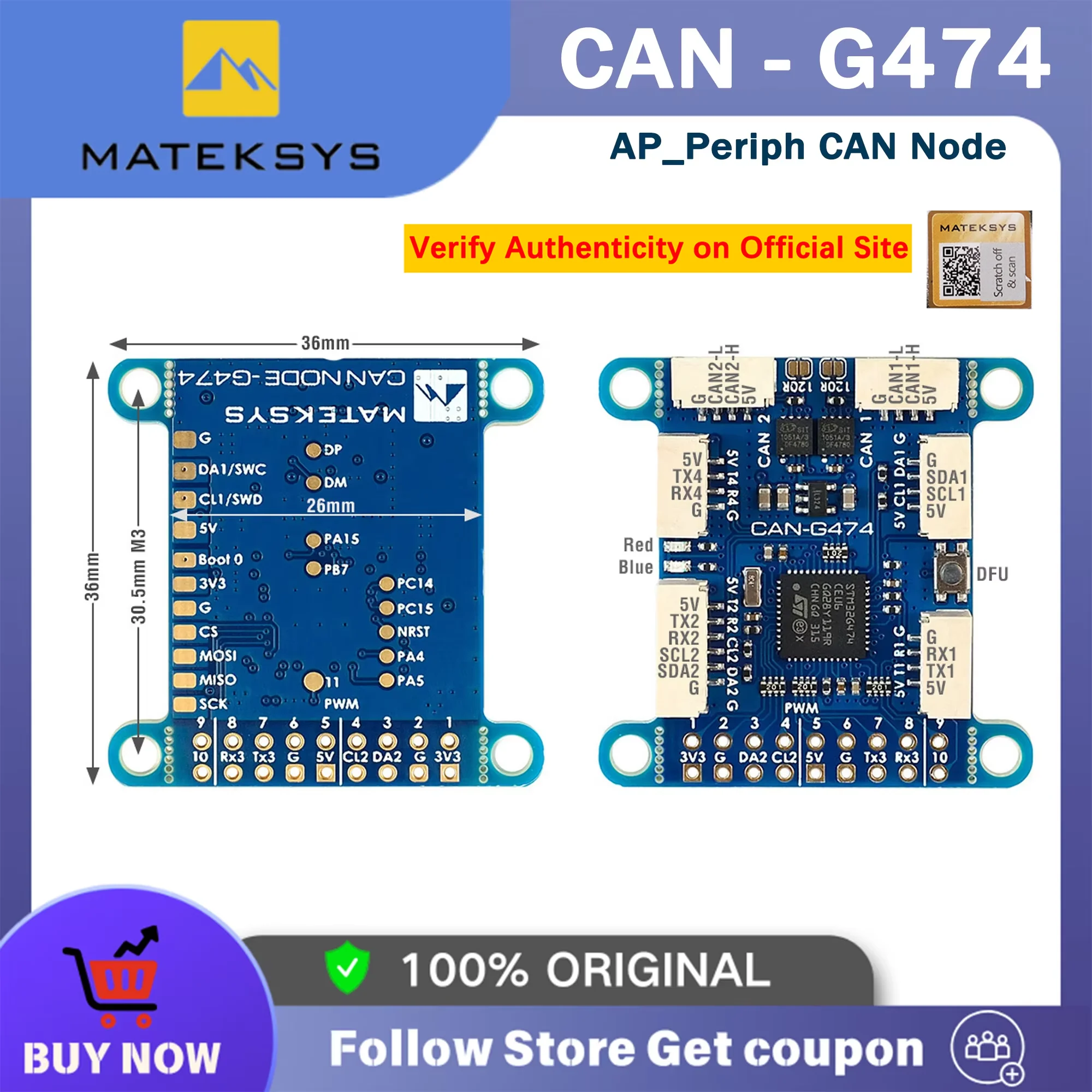 MATEK Mateksys CAN-G474 Board with 5Mbit/s CAN Transceiver and STM32G474 MCU AP_PERIPH CAN NODE ArudPilot For RC FPV Long Range