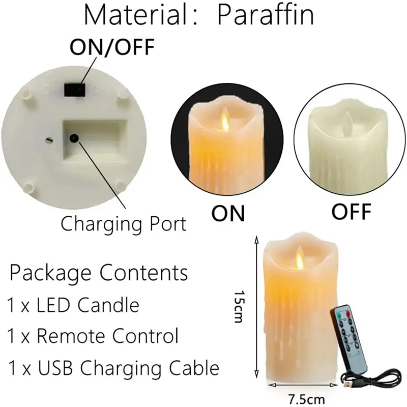 Flickering Flameless LED velas com controle remoto, vela recarregável, Real Wax Candles