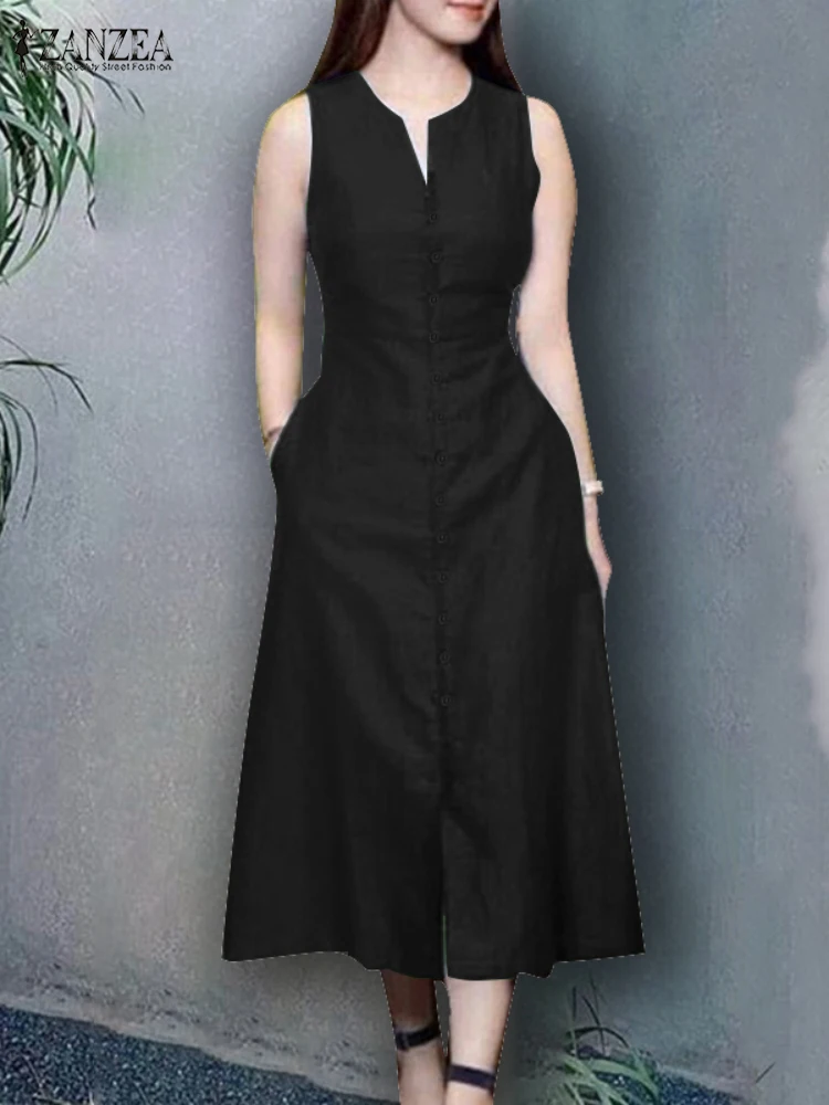 ZANZEA V-hals Dagelijkse kleding Midi-jurk Mouwloos Vintage 2025, zomervakantie A-lijn gewaden Effen kleur Casual dames tank vestidos
