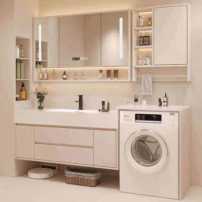

Solid wood multi-layer bathroom cabinet, washing machine wash table integrated, rock slab ceramic seamless countertop basin set