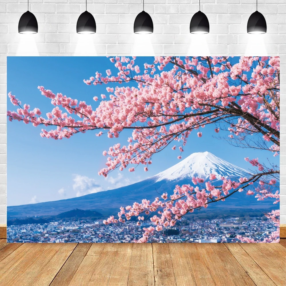 Spring Japan Mount Fuji Scene Photography Backdrop Pink Cherry Blossom Natural Landscape Photographic Background Photo Studio