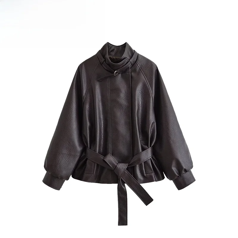 Fashionable Stand Collar Belted Waist Leather Jacket Women's Outerwear Versatile Belted Stylish Autumn Long Sleeve Polyester