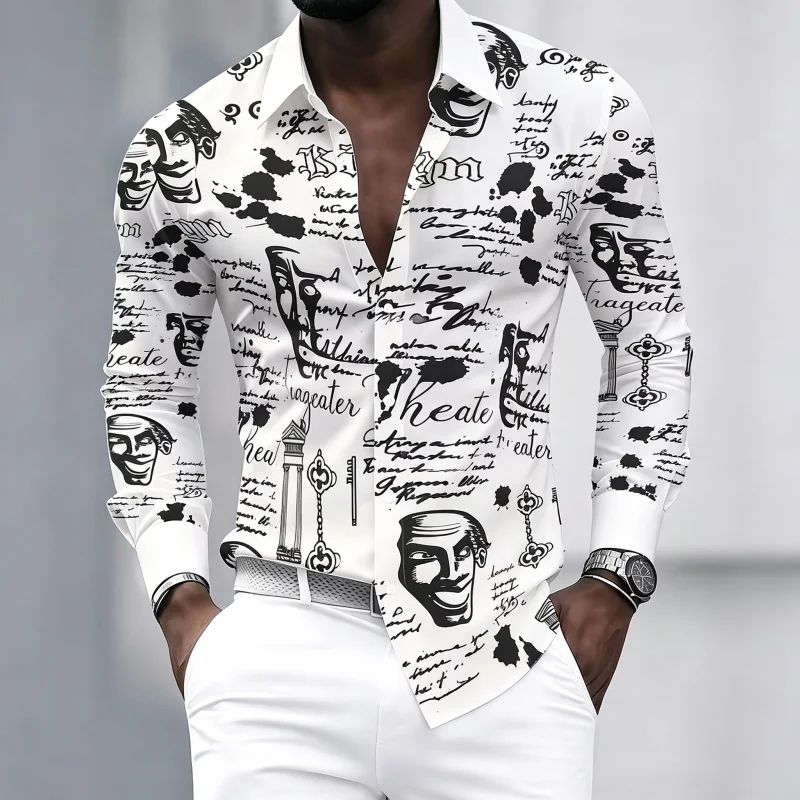 Chemise pour homme à imprimé graffiti, chemise à manches longues, chemise décontractée ajustée personnalisée et tendance