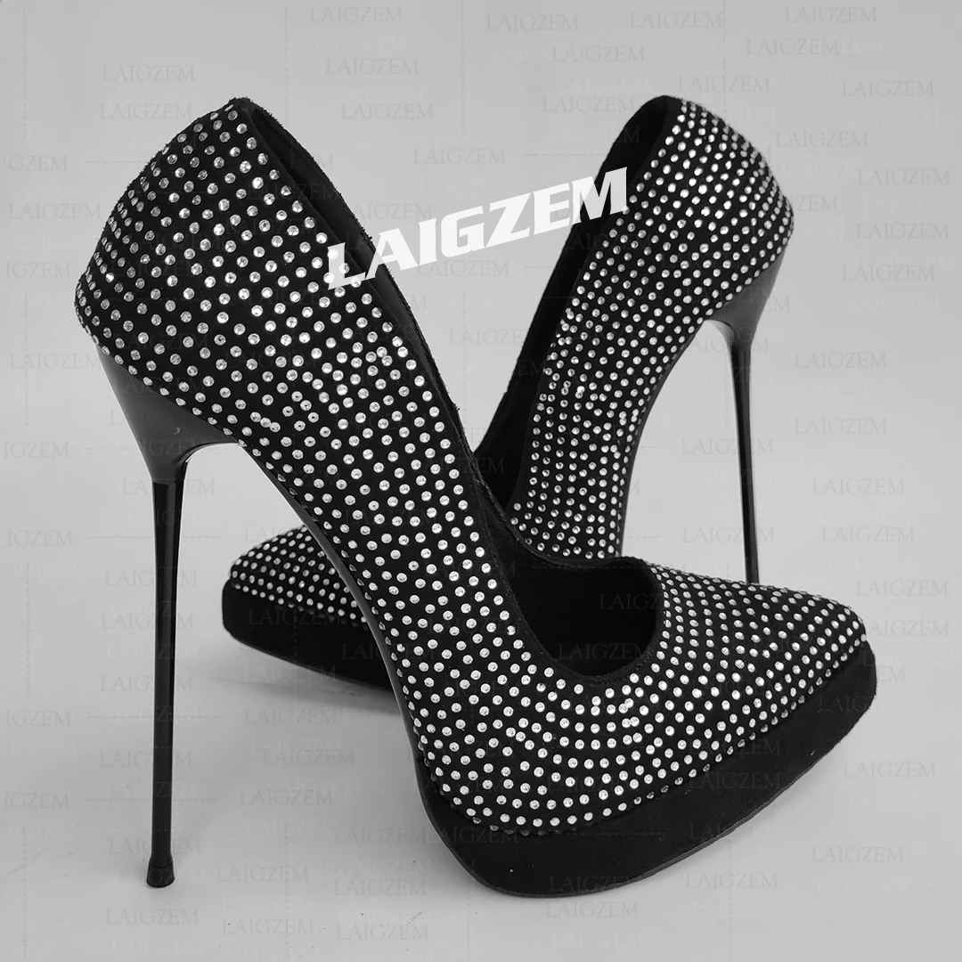 LAIGZEM Women Platform Pumps Pointed Toe Crystal 15.5CM Steep Thin High Heels Handmade Ladies Shoes Woman Plus Size 39 41 43