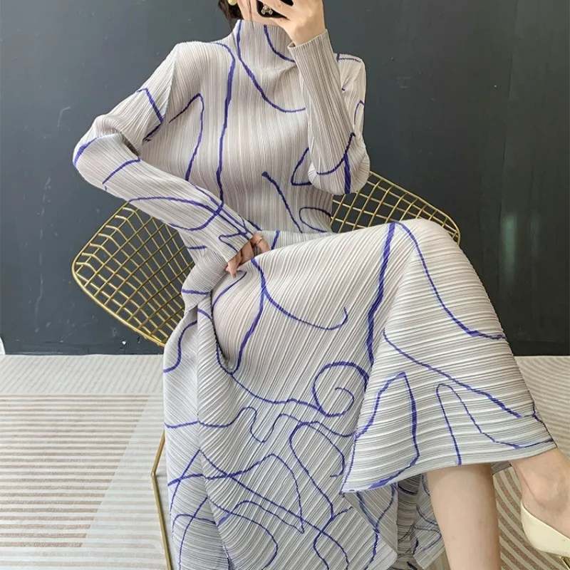 

Miyake плиссированный комплект с принтом, весна 2026, Новое поступление, топ с длинными рукавами и высоким воротником, эластичная юбка, женский комплект из 2 предметов, без морщин