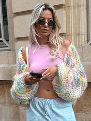 Bolopi Rainbow Sweaters Cardigan 2023 Women New In Long Lantern Sleeve Y2K Outfits Streetwear Rave Tees Coats