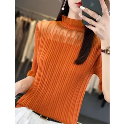 2023 New Summer Cashmere sexy lace Women short sleeve fashion hollow-out half high collar fashion Cashmere short sleeve