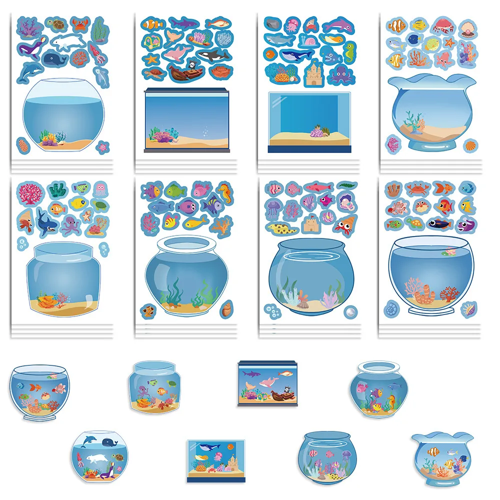8/16/24 PCS Aquarium Puzzle Sticker Set, DIY Cartoon Decals for Kids Notebook, Fridge, Phone Case, Desk, Helmet