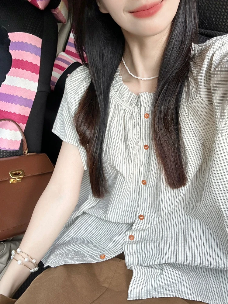 

Korean Sle Ruffle Collar Striped Button Women's Summer Loose Casual Faionable ort Sve irt Versatile Top