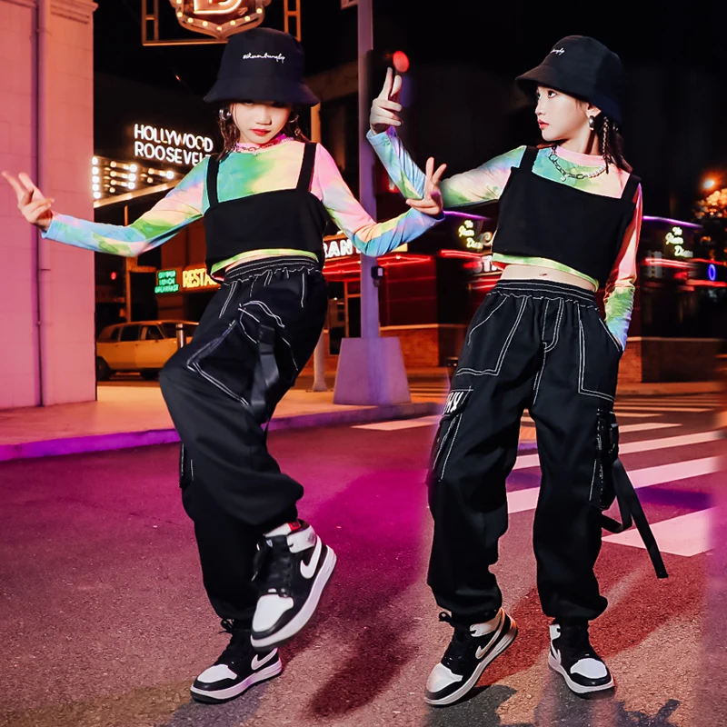 Kids Showing Outfits Hip Hop Clothing Tie Dye Sweatshirt Crop Tops Cargo Jogger Pants For Girls Jazz Dance Costume Clothes