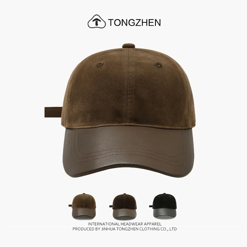 Autumn Winter Korean Men Women Versatile Retro Suede Splicing Premium Baseball Cap Women's Fashion Casual PU Brim Baseball Cap