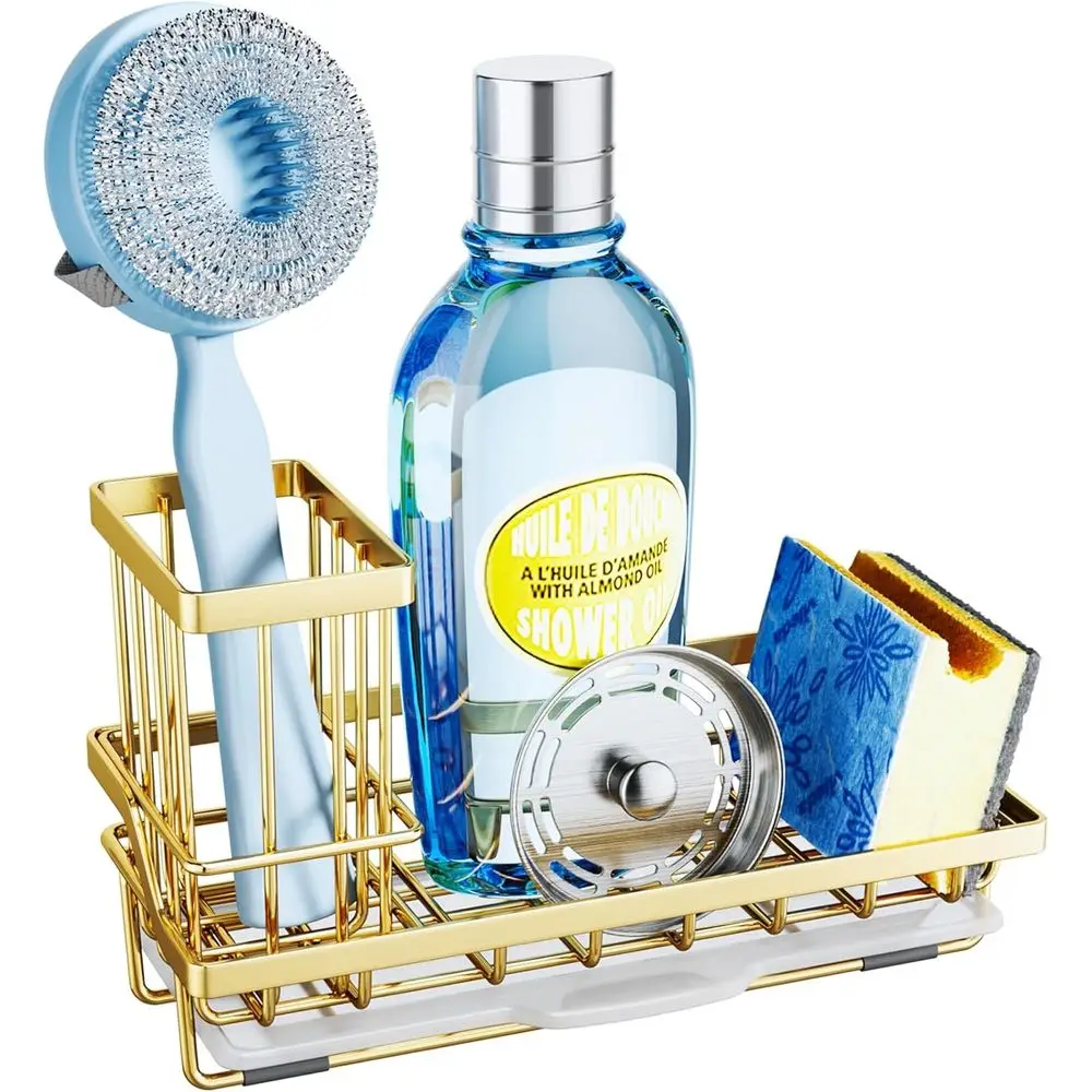 

Органайзер для кухонной раковины с отсоединяемым держателем для щеток и съемным поддоном для сбора воды, нержавеющая сталь, золотой цвет