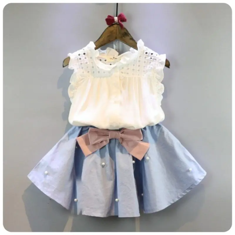 2026 Korean Summer New Childrens Sleeveless Shirt and Short Skirt Set for Girls and Children Two Piece Set for Baby Girls