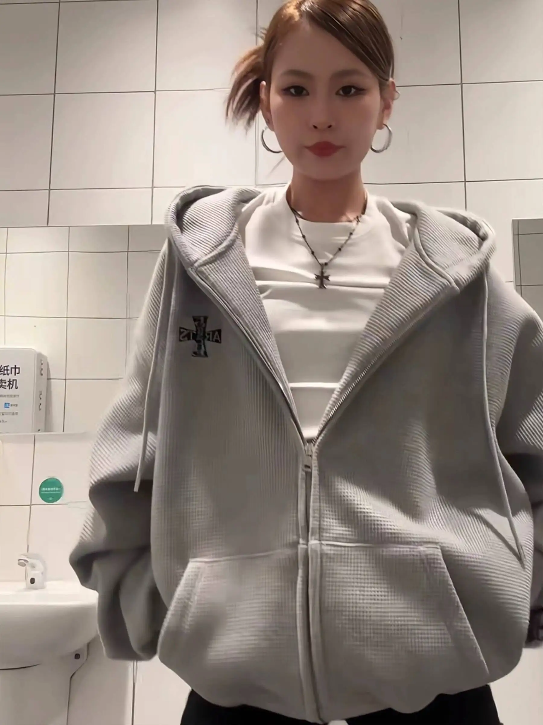 Unisex Hoodies 2025 New Cardigan Women Waffle Knit Gray Hooded Sweatshirt Spring Autumn Loose Couple Style Cardigan Jacket