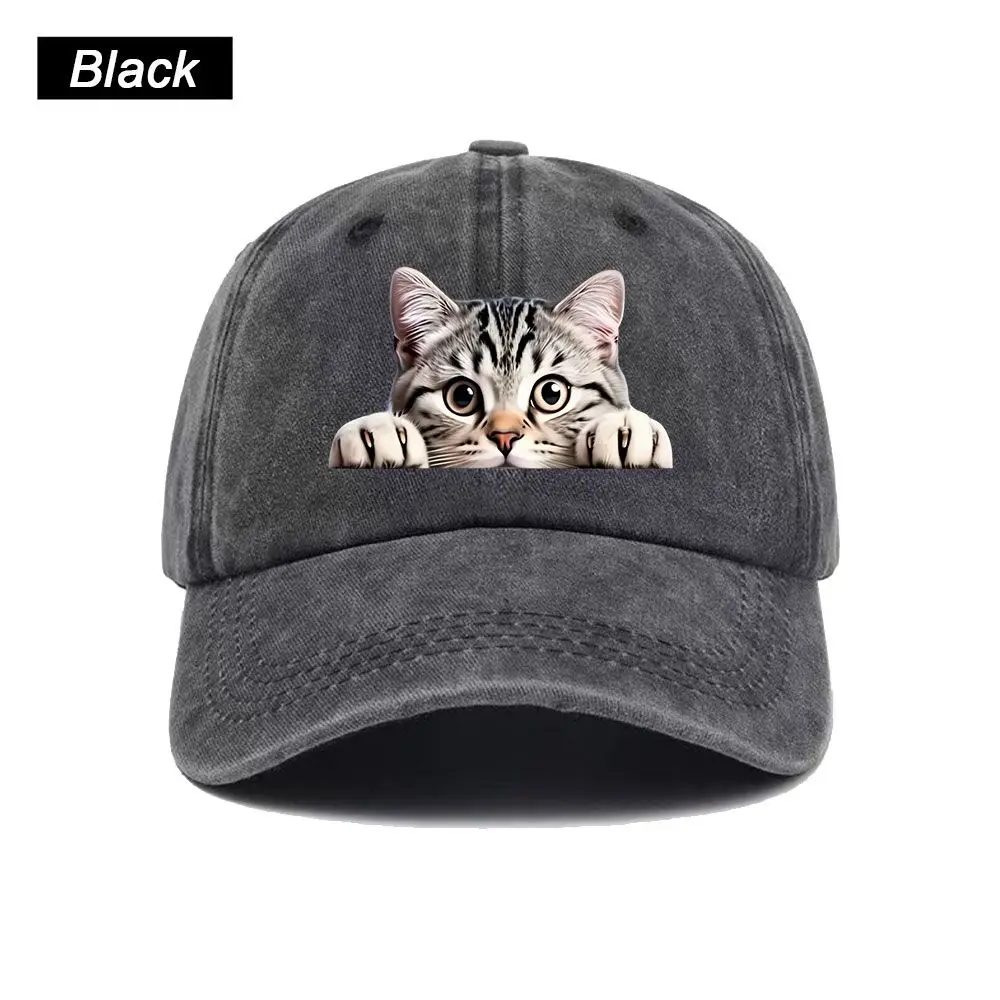 Vintage Washed Baseball Cap Cute Peeking Cat Print Graphic Unisex Streetwear Casual Trucker Style Summer Cotton Sun Hat