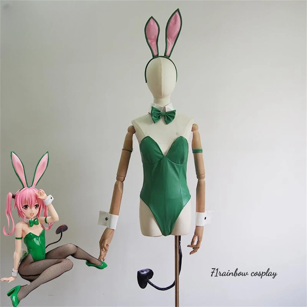 

Customsized To LOVEる -とらぶる- Lala Satalin Deviluke Doujin Bunny Girl Cosplay Costume Green Jumpsuits Leather Sets Sexy Cosplay