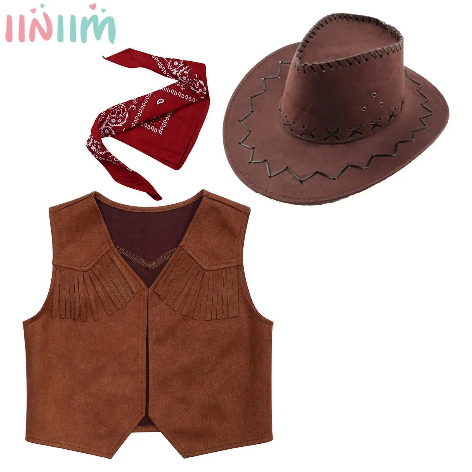 Kids Halloween Western Cowboy Cowgirl Cosplay Costume Vintage Cardigan Vest with Bandanna Felt Hat for Theme Party Role Play