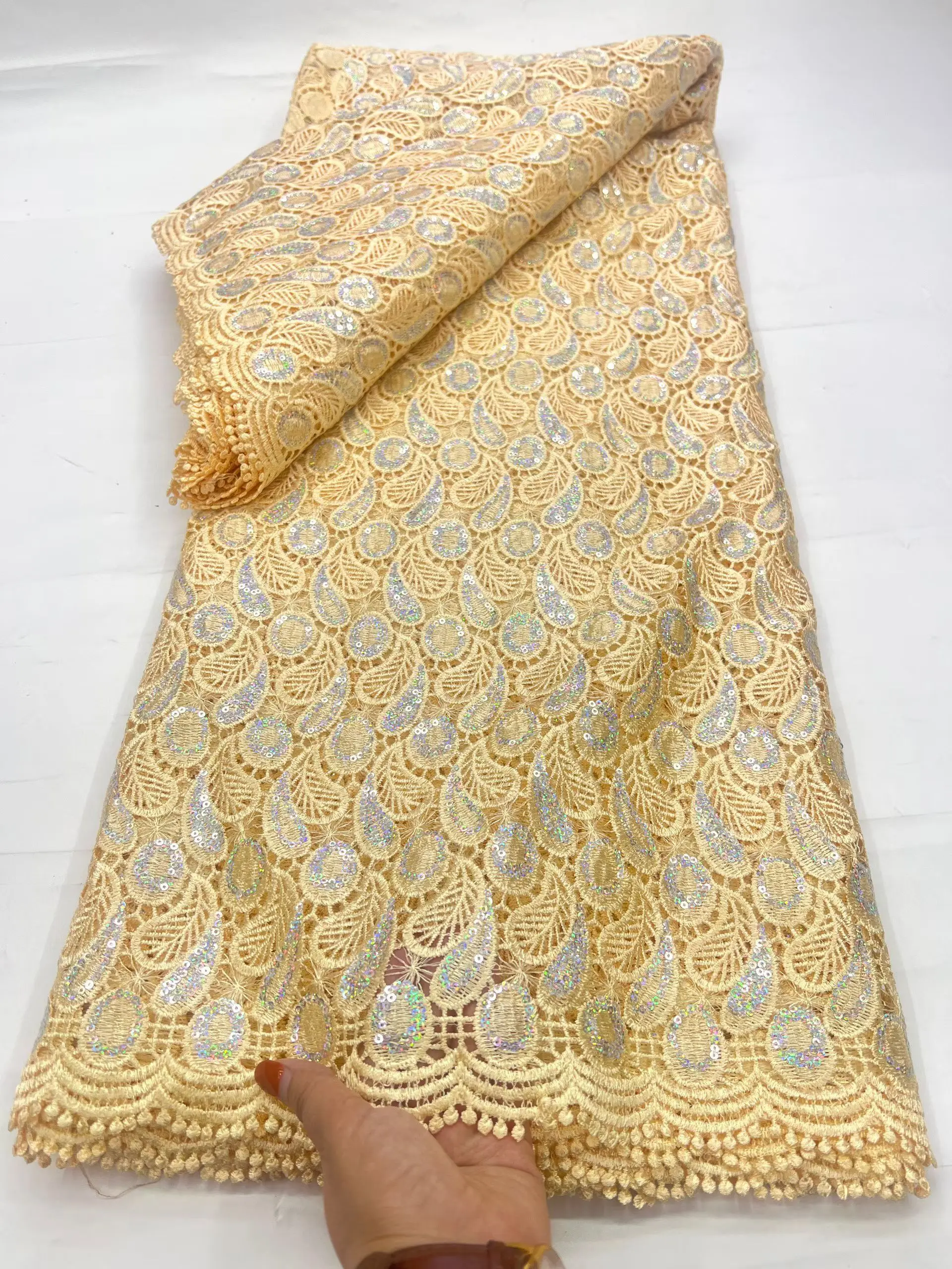 

New Arrival Gold Cord African Lace Fabric 2026 High Quality Sequins Nigerian Guipure Lace Fabric For Women Party Dress LHD26138