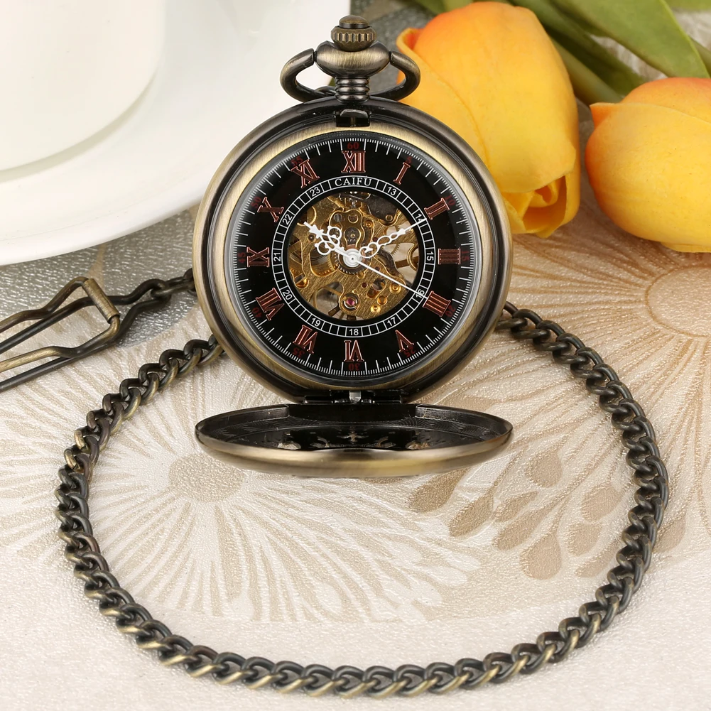 الرجعية البرونزية الأسماك الجوف الميكانيكية اليد لف ساعة جيب الأرقام الرومانية الهاتفي Steampunk خمر قلادة ساعة هدية الرجال