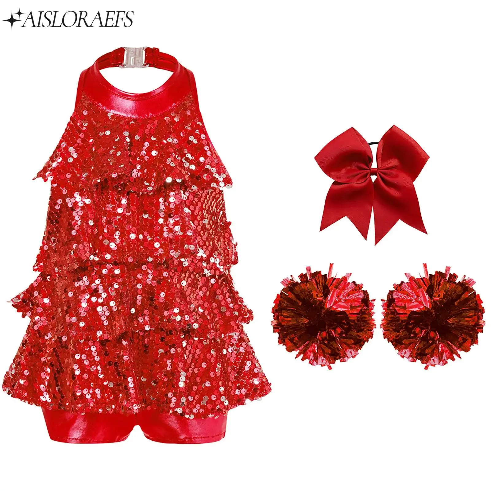 

Kids Cheerleading Dance Outfits Shiny Sequins Dancewear Sets Jazz Latin Halter Ballet Dance Unitard Dress with Accessories Set