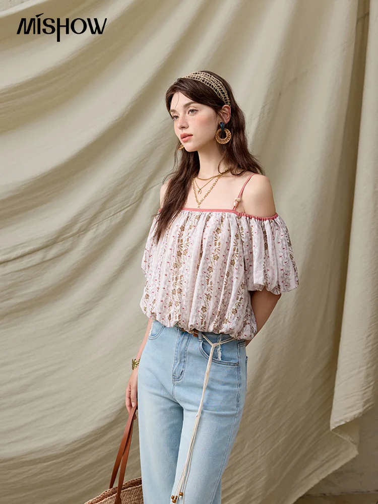 MISHOW French Summer Blouses Women New 2025 One-shoulder Floral Short Sleeve Contrast Color Shirts Woman Fashion MXE31X1767